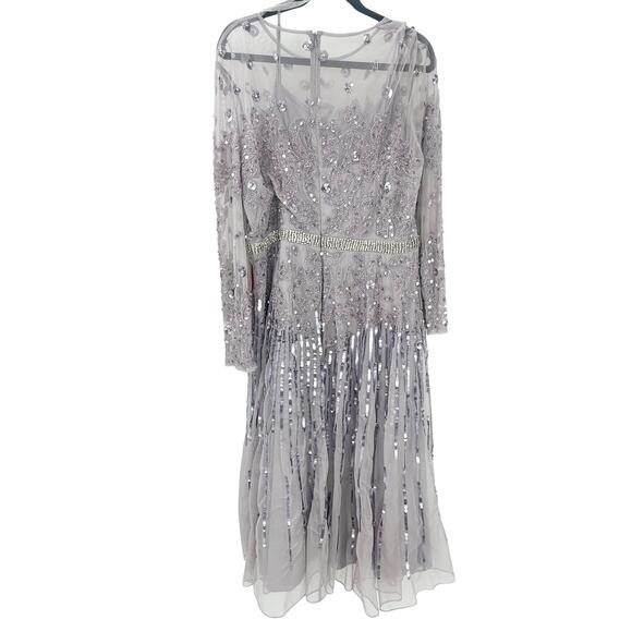 Mac Duggal Mesh Sequin Long Sleeve Belted Tea Dress Vintage Lilac Size 18 NWT - Picture 6 of 13